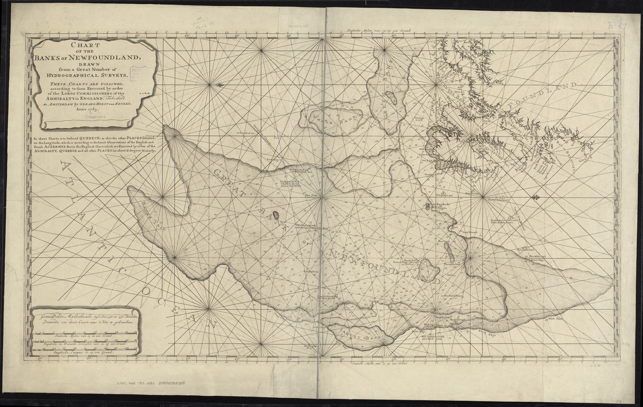 Chart of the banks of Newfoundland, drawn from a great number of hydrographical surveys, these charts are followed, according to them executed by order of the Lords Commissioners of the Admiralty in England
