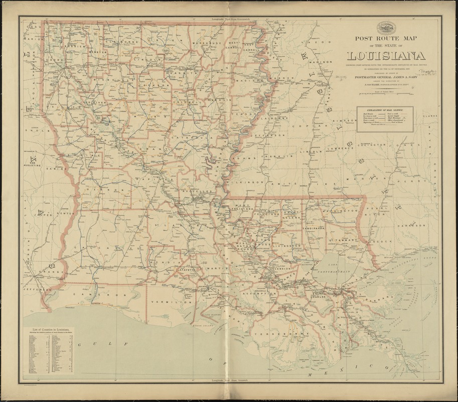 Post route map of the state of Louisiana showing post offices with the intermediate distances on mail routes in operation on the 1st. of December, 1897