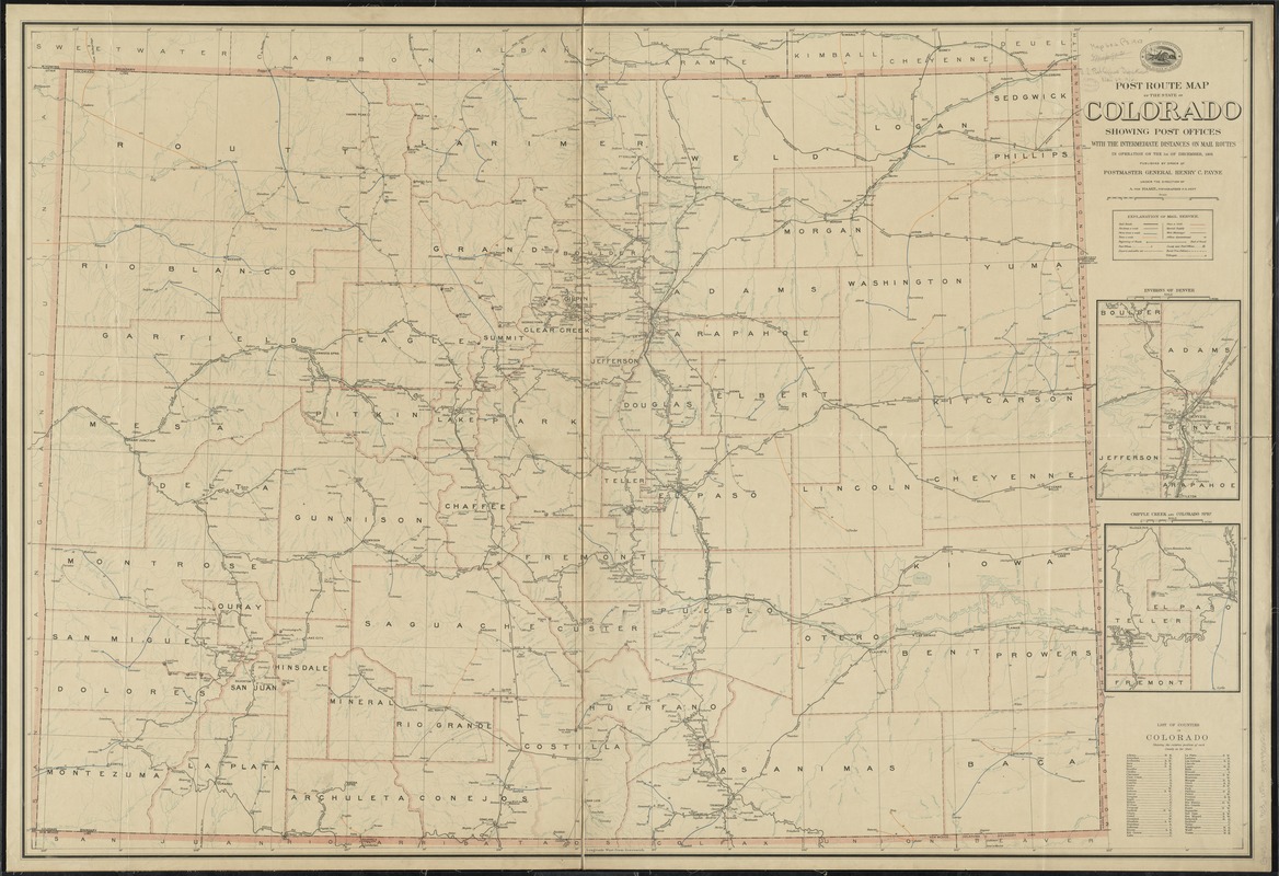 Post route map of the State of Colorado showing post offices with the intermediate distances on mail routes in operation on the 1st of December, 1903