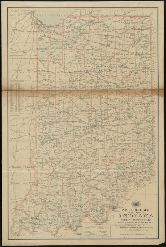 Post route map of the state of Indiana showing post offices with the intermediate distances on mail routes in operation on the 1st of December, 1903