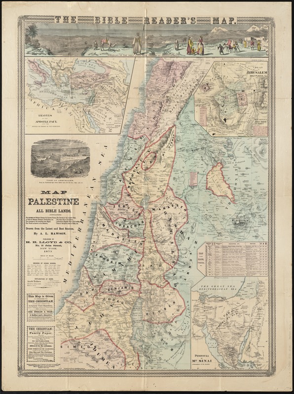 Map of Palestine and all Bible lands, containing the ancient and modern names of all known places, a table of seasons, weather, productions, etc., the journeys of the Israelites from Egypt, the world as known to the Hebrews, the travels of the apostle Paul, the holy city of Jerusalem, altitudes in English feet on the locality, texts of scripture cited to cities, etc