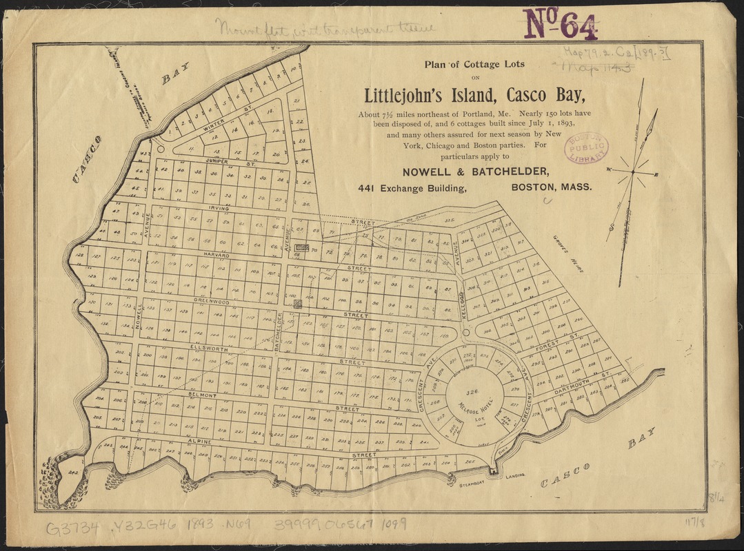Plan of cottage lots on Littlejohn's Island, Casco Bay, about 7 1/2 miles northeast of Portland