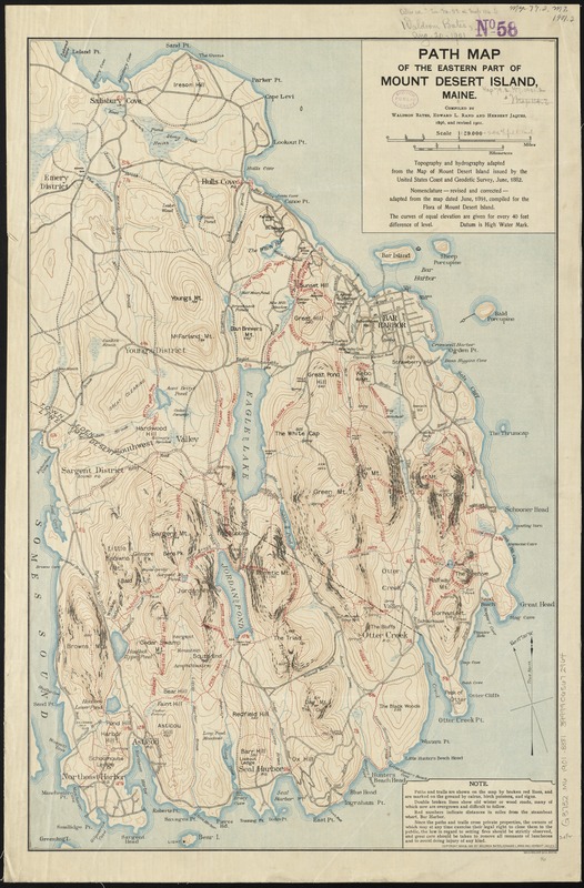 Path map of the eastern part of Mount Desert Island, Maine