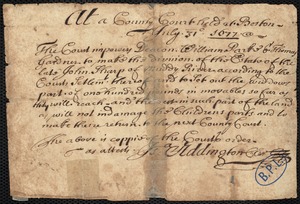 Copy of court order empowering Deacon W. Parke and T. Gardner to make a division of J. Sharp estate