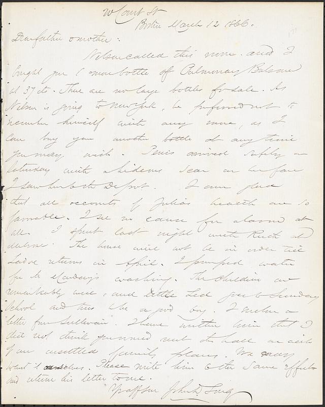 Letter from John D. Long to Zadoc Long and Julia D. Long, March 12, 1866