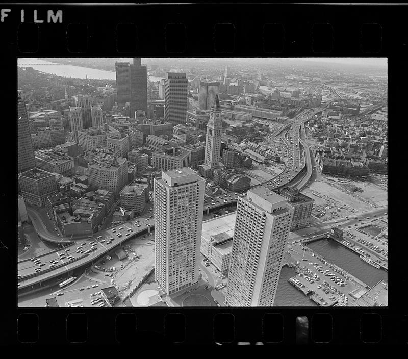 Central Artery and downtown: Note Customs House & Harbor Towers, downtown Boston