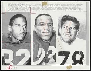 O.J. Simpson, Heisman Trophy winner and two-time All-America from U.S.C., was picked 1/28 by the Buffalo Bills as the number one choice in the 1969 pro football draft. Leroy Keyes (C-1967 photo), two-time All-America halfback from Purdue, was picked by Philadelphia, which picked third in the draft. All-America offensive tackle George Kunz (R-1968 photo) of Notre Dame was selected by the Atlanta Falcons.