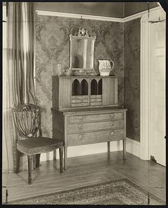 Tambour Secretary made by John Seymour, and one of eight Hepplewhite chairs in the antique collection of Justice Henry T. Lummus of the supreme court, to be sold by auction at the Louis Joseph Galleries, 334 Newbury street, Thursday at 1 and 7:30 P. M.