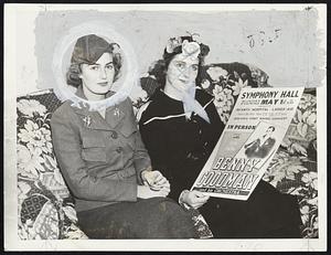 Mrs. John S. Ames, Jr. (Isabel Biddle Henry), of Beacon street (left), and Mrs. Charles Francis Adams, Jr. (Margaret Stockton), of Wellesley, are in charge of distributing the posters for the concert by Benny Goodman and his orchestra to be given Sunday evening, May 1, in Symphony Hall. They are both members of the Ladies Aid Committee of the Infants' Hospital, which is sponsoring the concert, and they will also usher at the concert.