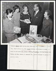 Selling UNICEF Cards in City Hall Lobby are (left to right) Mrs. Alan R. Morse Jr., Mrs. Lement Darling, co0chairman in charge of sales at City Hall; Mrs. Kevin H. White, DR. N. Okeke, visiting Boston from Biafra, and Mrs. Charles E. Wyzanski Jr., general chairman in charge of greeting cards.