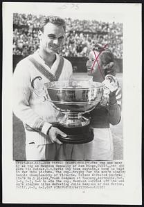 Win Tennis Championships-The cup was nearly as big as Maureen Connolly of San Diego, Calif., but she gave Vic Seixas, U.S. Davis Cup team captain, a hand to hold it for this picture. The cup--trophy for the men's singles tennis championship of Victoria. Seixas defeated Australia's No.1 player, Frank Sedgman at Kooyong, Australia, 8-6, 3-6, 6-3, 6-4 to win the cup. Maureen carried off the women's singles title defeating Julie Sampson of San Marino, Calif., 6-2, 6-3.