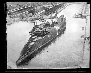 In dock upside down, the German cruiser Moltke at Rosyth, Scotland, ready to be cut up