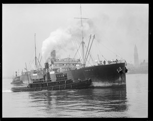 SS Kabinea arrives in Boston with animals from Boston. Tug alongside Edwin I. Pilsbury?