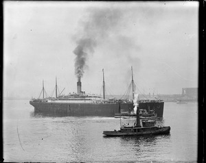 SS Arabic' making her last trip from Boston Harbor. She was later taken to N.Y. service being torpedoed by German submarine. Tugboat 'Augustus.'