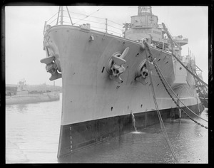 Bow view of the USS Utah with ill-fated sub S-4 in background, Charlestown Navy Yard