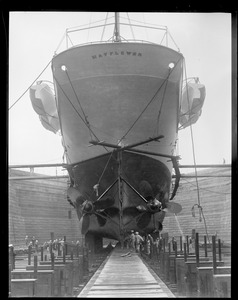 Stern of the President's yacht Mayflower while in drydock at South Boston, showing twin propellers