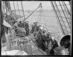 Cadets hauling line on deck of the training ship Nantucket off Provincetown