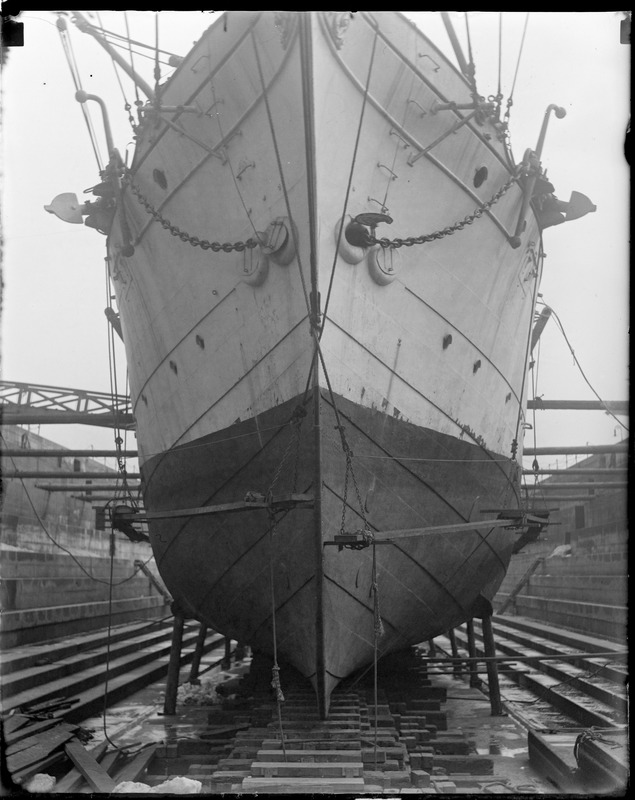 Bow view of the training ship Nantucket in drydock at Navy Yard