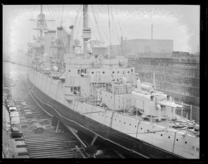Stern view of USS Trenton in dry dock at South Boston