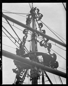 Sailors in the rigging of the training ship Nantucket, at Navy Yard