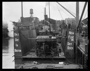 The smallest floating steel drydock located at East Boston. It is 100 feet long, 45 feet wide with pontoons 6 feet deep and a capacity of 500 tons