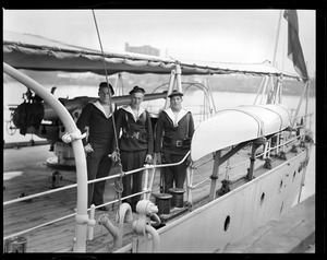 Crew members aboard French coast guard ship Ville D'ys at Charlestown Navy Yard