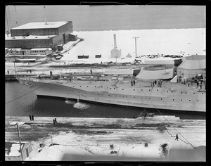 Bow of the USS Idaho, in drydock (left side of panorama)
