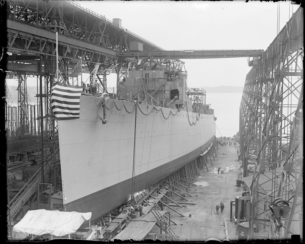 US Navy ship getting ready for launch, possibly Fore River