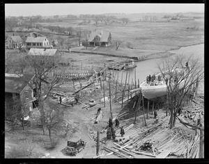 Schooner Columbia under construction at the Story's Essex boat yard