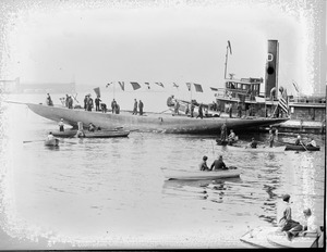 Flat boat (Launching Yacht - Lawley's? Tug boat Neponset)