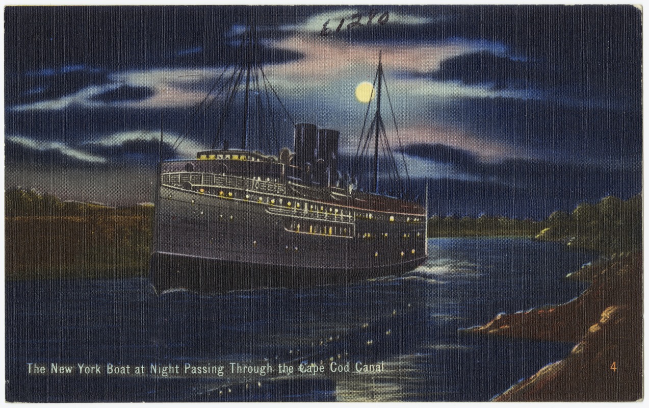 The New York Boat at night passing through the Cape Cod Canal.