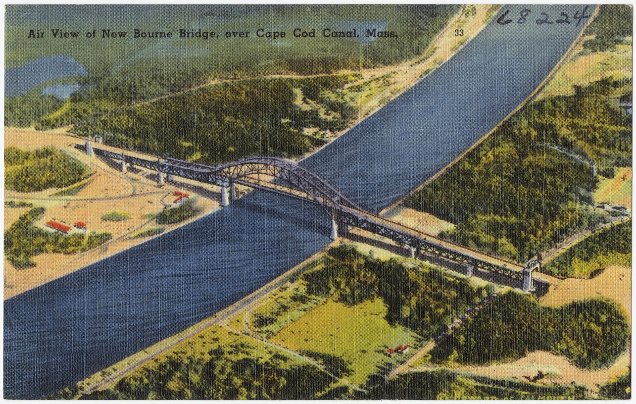 Air view of new Bourne Bridge over Cape Cod Canal, Mass.