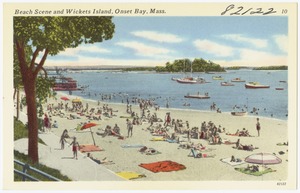Beach scene and Wickets Island, Onset Bay, Mass.