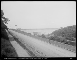 Wachusett Dam, view of dam, from the east along Boylston Street sidewalk, Clinton, Mass., Jul. 5, 1906