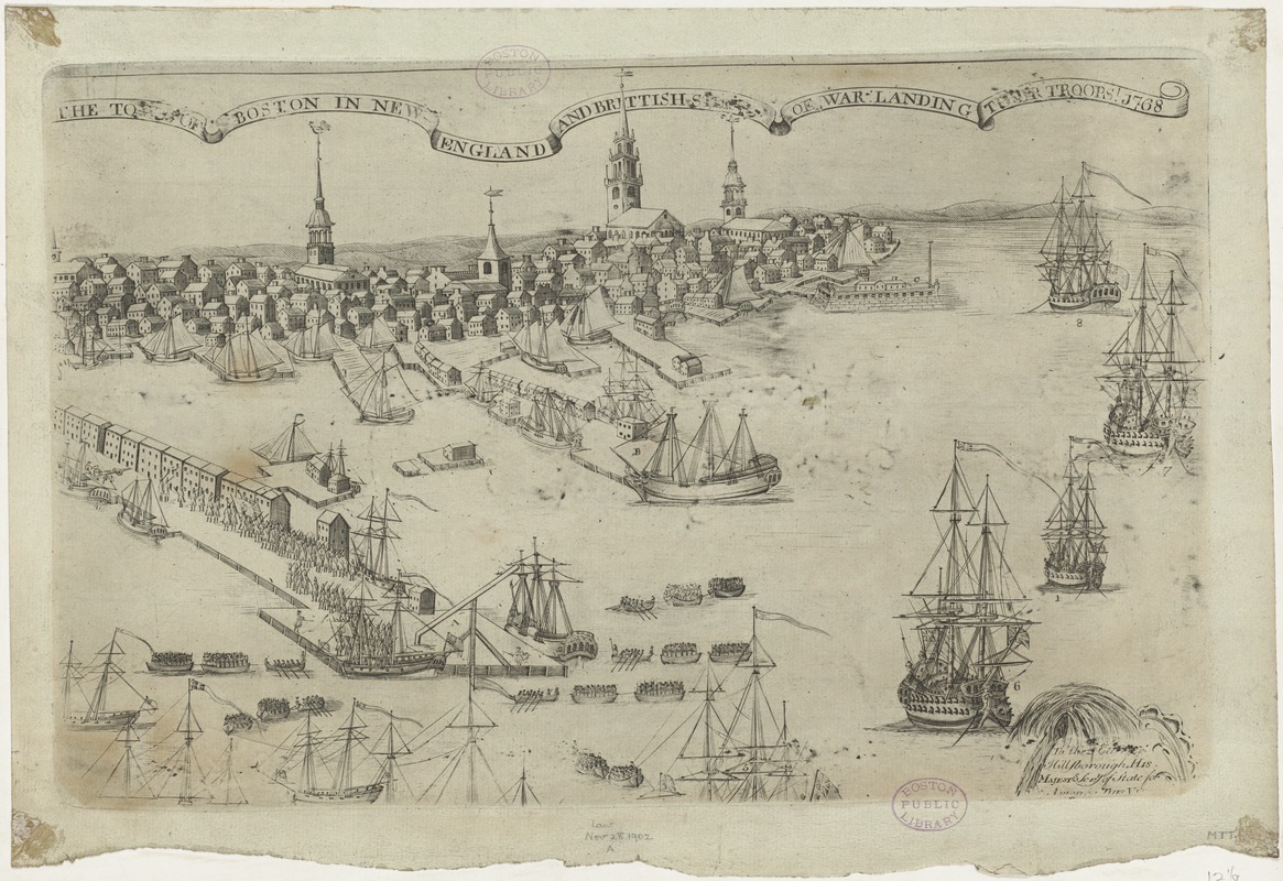 The town of Boston in New England and Brittish ships of war landing their troops! 1768