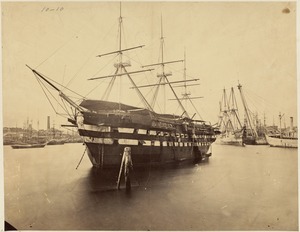 Boston Navy Yard, Charlestown with view of ship identified as receiving ship Ohio