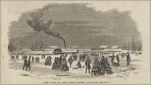 Scene on the ice, Boston Harbor -- citizens hauling the ferry-boat