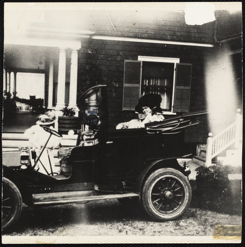 Margaret Groves climbing into a new Stanley Steamer for jaunt on Columbia Road's "Automobile Lane," Jones Hill