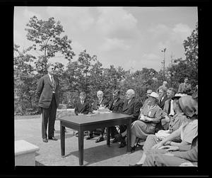 Engineer Arthur D. Weston(?) addressing the crowd at the Winsor Memorial dedication ceremony, Quabbin Reservoir, June 17, 1941