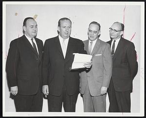 Rambler Dealers of New England held their Spring Sales Meeting this week at the Hotel Somerset. Among speakers were, from left, A.V. Powers, New England zone manager; Roy Abernethy, vice president in charge of sales; Albert E. Tracy, eastern divisional sales manager, and Guy Hadsall, Jr., in charge of advertising and merchandising.