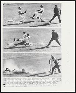 Minneapolis - St. Paul – Safe or Out? – Bob Allison, Twins outfielder slides past the outstretched glove of Dodgers shortstop Maury Wills on a steal in the sixth inning today. Allison slid past the back but got back safely as Wills argues with Umpire Tony Venzon. Later Allison scored when pitcher Jim Grant hit a 3-run homer. The Twins evened the World Series at 3 games each, beating the Dodgers, 5-1.