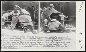 A Title Changed Hands- Here is the sequence camera's record of transferred yesterday Jersey Joe Walcett's world's heavyweight championship here last night. It starts with Walcett reeling from an into ropes as Marciano swings back with a left. Marciano then a neutral corner by Referee Charles Daggert, who completes the