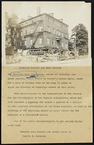 The Harrison Gray Otis house, corner of Cambridge and Lynde streets, built 1795-6 by Boston's second mayor, ready for a move of several rods to the rear in order to allow the widening of Cambridge street at this point. This mansion-house is the headquarters of The Society for the Preservation of New England Antiquities, which has just launched a campaign for nearly a quarter of a million to make complete restoration of the house possible, as well as the altering of two adjoining houses on Lynde street for the purposes of a fire-proof museum. One of the state vice-presidents of the society is Mr. Henry Ford.