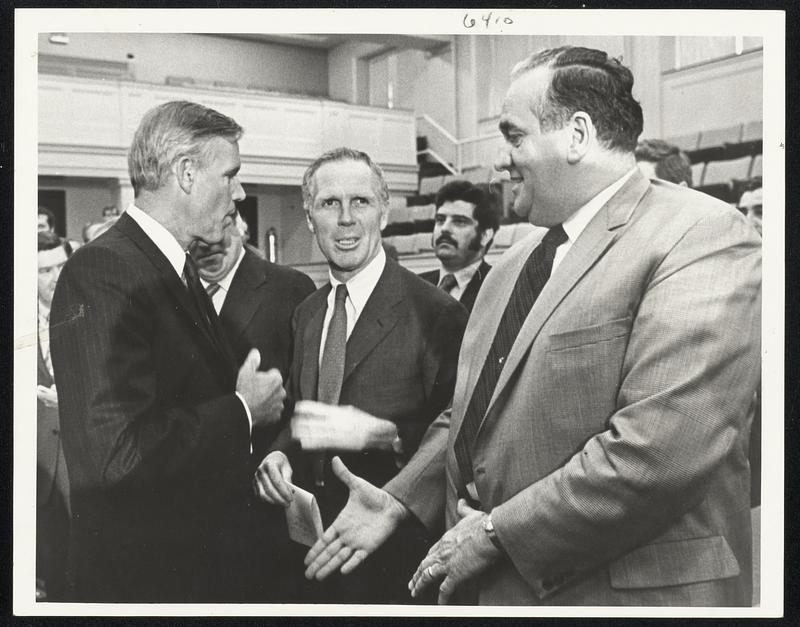 Gov. Francis Sargen greets Mayor Kevin White + Monte Bosbos before opening of hearing before Committee on Taxation