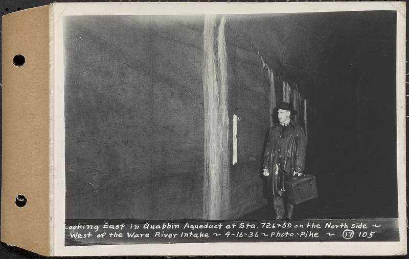 Contract No. 17, West Portion, Wachusett-Coldbrook Tunnel, Rutland, Oakham, Barre, looking east in Quabbin Aqueduct at Sta. 726+50 and 71 on the north side, west of the Ware River Intake, Barre, Mass., Apr. 16, 1936