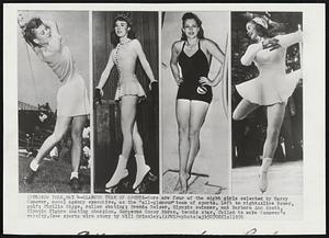 New York -- Glamour Team of Sports -- Here are four of the eight girls selected by Harry Conover, model agency executive, as the "all-glamour" team of sports. Left to right- Alice Bauer, golf, Phyllis Riggs, roller skating; Brenda Helser, Olympic swimmer, and Barbara Ann Scott, Olympic figure skating champion. Gorgeous Gussy Moran, tennis star, failed to make Conover's varsity.