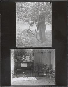 Man and a bicycle, and parlor with upright piano and guitar