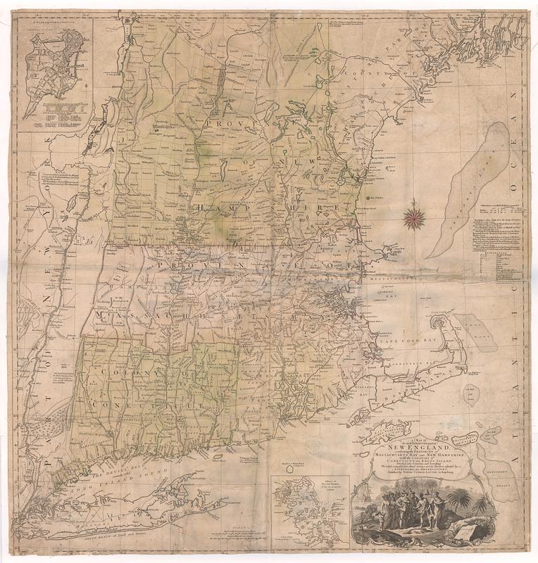 A map of the most inhabited part of New England, containing the provinces of Massachusets Bay and New Hampshire, with the colonies of Conecticut and Rhode Island, divided into counties and townships