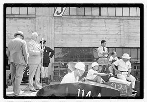 Boston Traveler Soap Box Derby July 1938, Boston Parks Commissioner William Long on microphone
