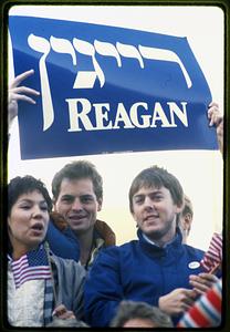 Boston, City Hall Plaza 1984: Supporters of President Reagan hold sign